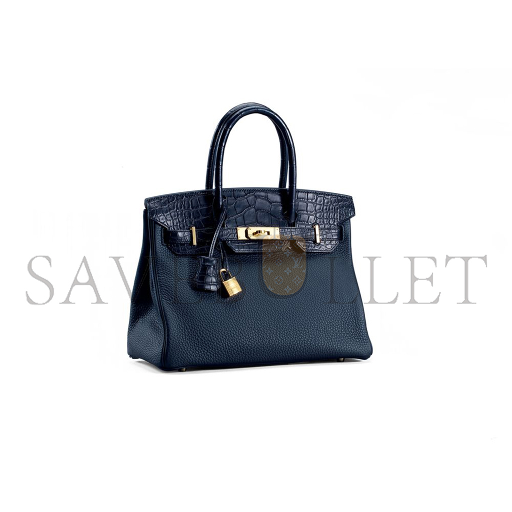 H**mes master birkin 25 crocodile and togo leather deep blue with gold buckle h076216ck28 (25*20*13cm)